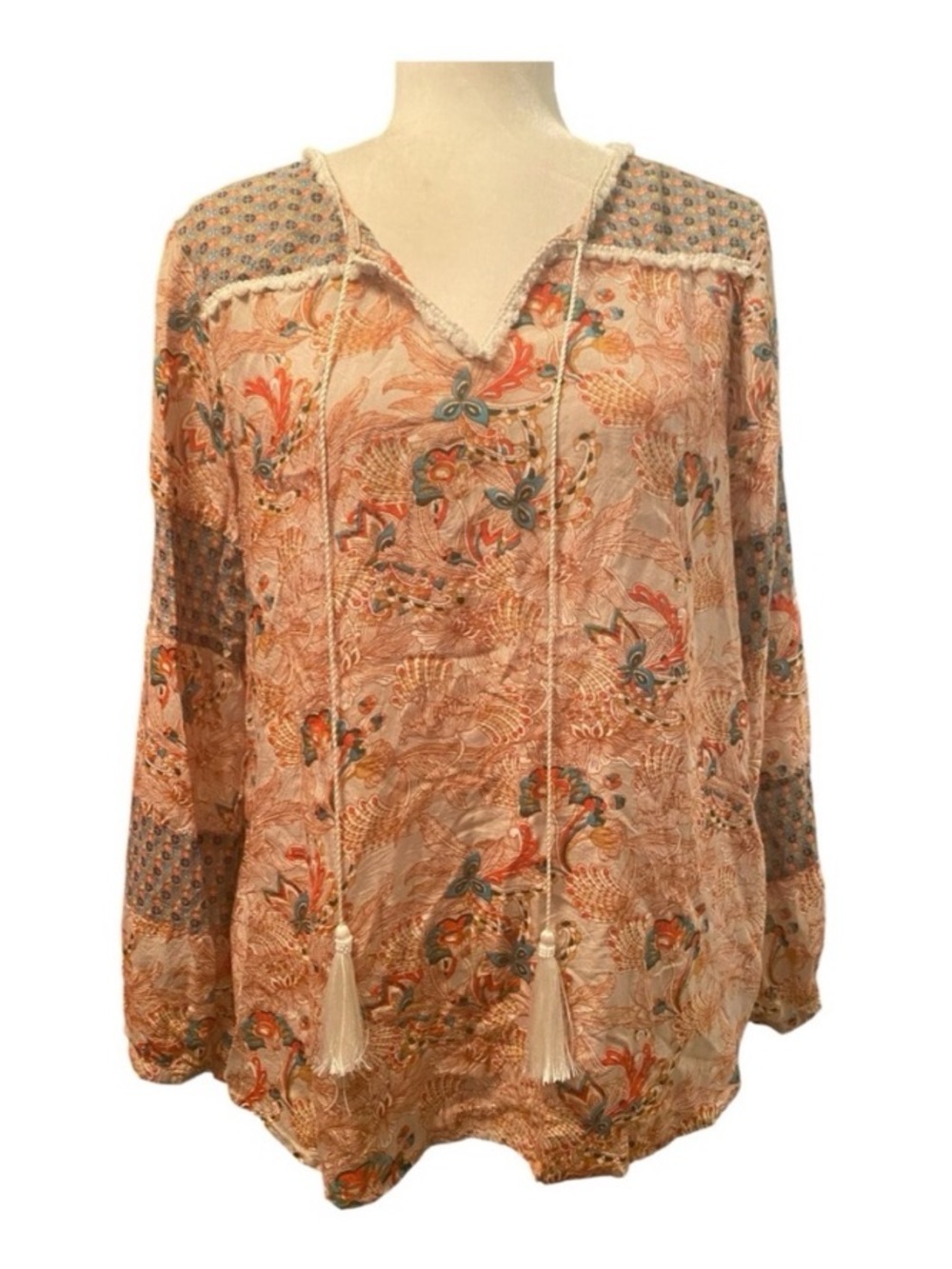 Sundance Womens Boho Lagenlook Tassel Blouse Loose Long Sleeve